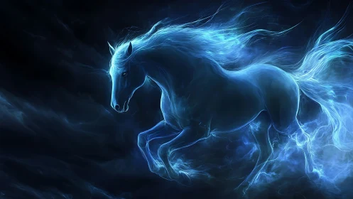 Ethereal blue energy horse galloping through nebulae shadows.