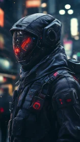 Armored operative stands in illuminated urban night environment