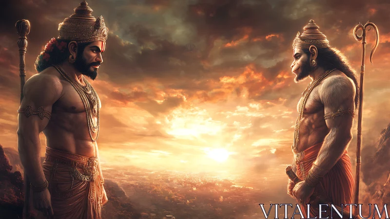 Mythic dual Hanuman avatars in sunset-grade digital chiaroscuro.