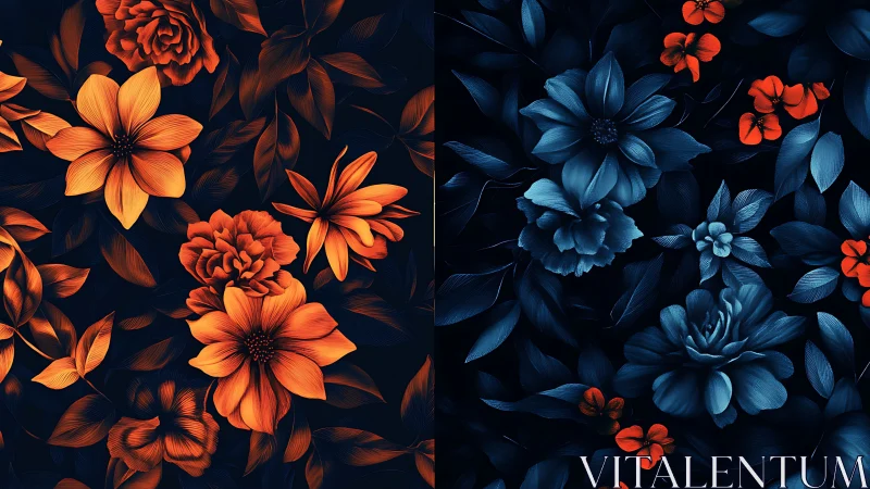 Dual-panel floral artwork in orange and blue tones on black