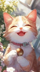 Orange and White Cat with Closed Eyes and Golden Bell Collar