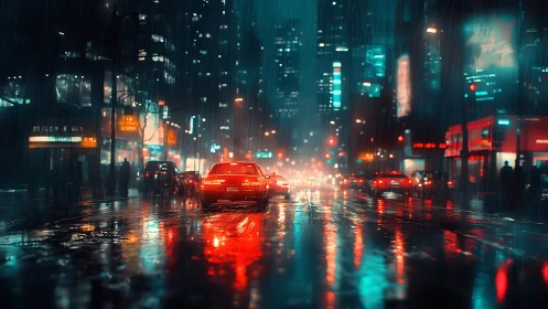 Rainy city street shows cars reflecting neon lights at night