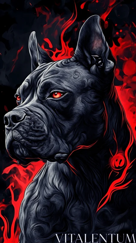 Molten-ink canine sentinel amid red combustion plumes.