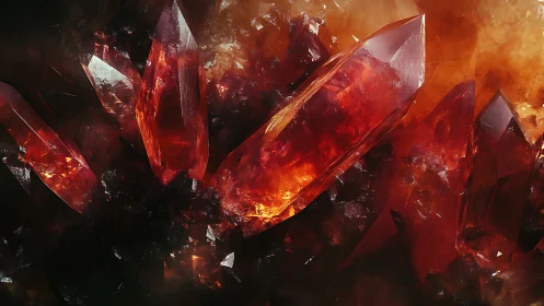 Glowing ember crystals rising from a shadowy molten cave.