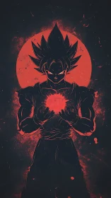 Saiyan warrior channels crimson cosmic energy sphere.