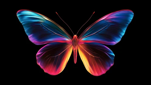Vibrant neon butterfly glows against a deep black void