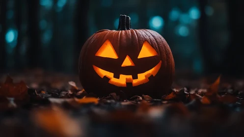 Low-angle jack-o-lantern with internal candlelight in forest dusk.