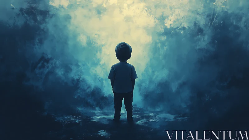 Silhouetted child stands before diffuse luminous background