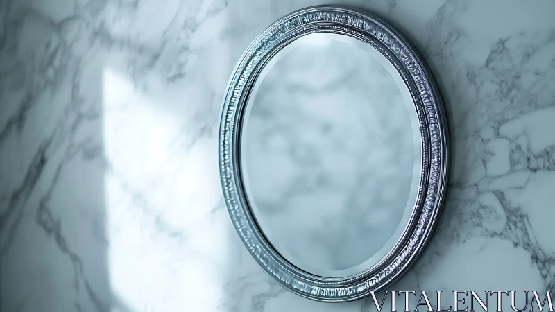 Silver oval mirror drifts across cool marble morning light.