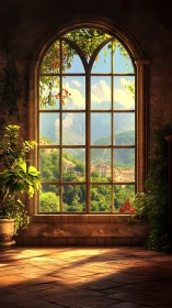 Sunlit arched window framing verdant valley and distant peaks.