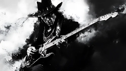 Electric guitarist in black and white dynamic portrait.