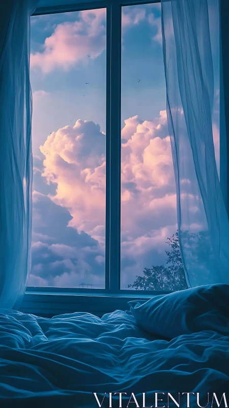 Soft dawn clouds outside a cozy rumpled bedroom window.