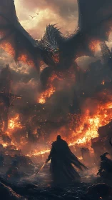Armored figure confronting large dragon over burning ruins.