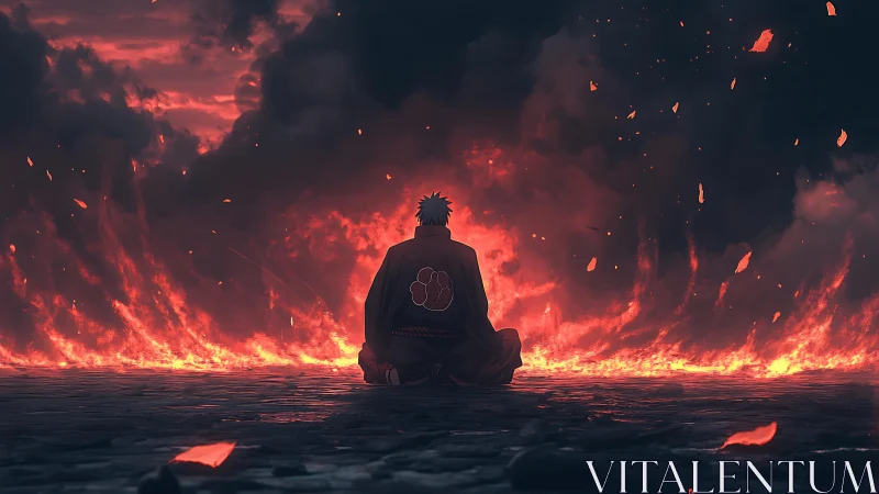 Solitary cloaked figure before engulfing inferno horizon