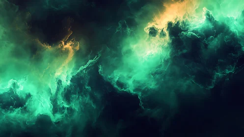 Volumetric teal nebula clouds with golden highlights in deep space