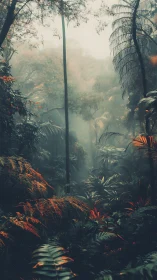 Misty Rainforest Canopy with Palm Fronds.