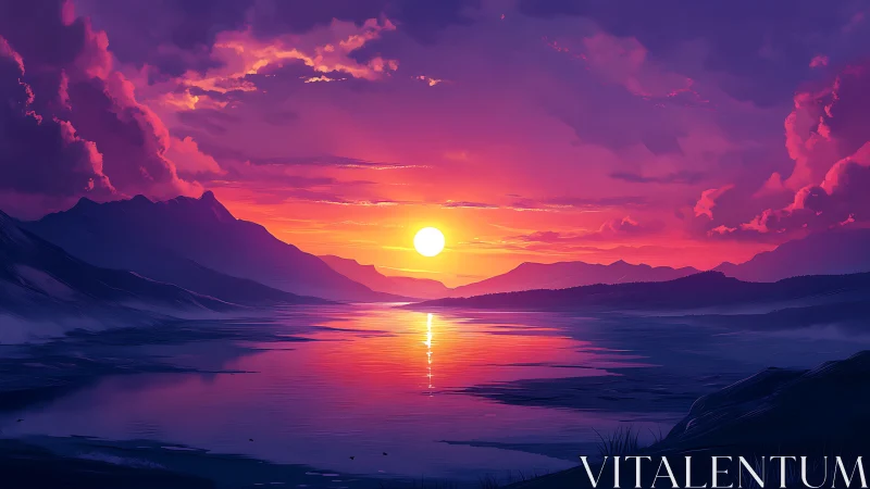 Radiant sunset glows over tranquil lake and distant mountains.