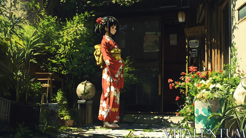 Woman in floral kimono stands in shaded garden entrance