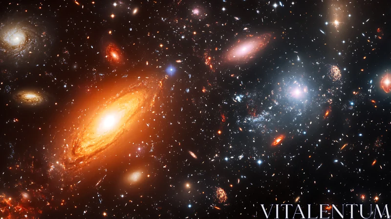 Multicolored spiral galaxy cluster field with dense star clouds