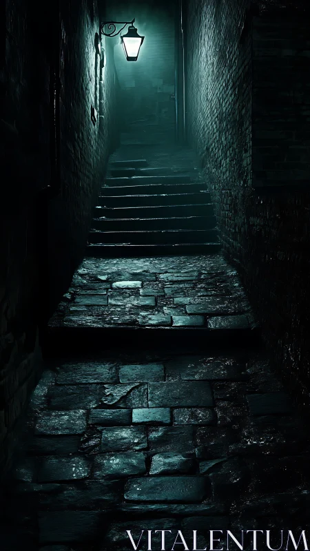 Narrow wet alleyway at night with lone street lamp glow.