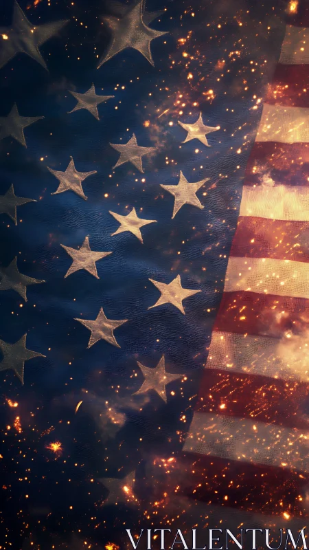 United States flag with illuminated sparks overlayed at night.