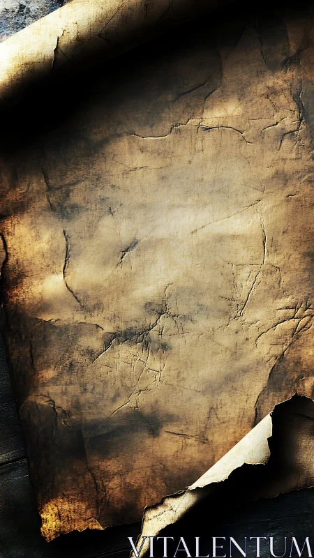 Weathered parchment scroll with curled torn edges texture.