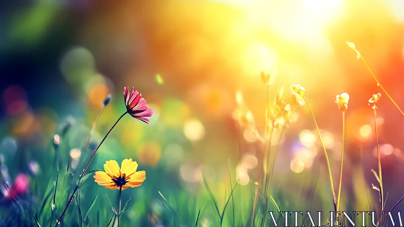 Wildflowers bloom in golden sunlight.