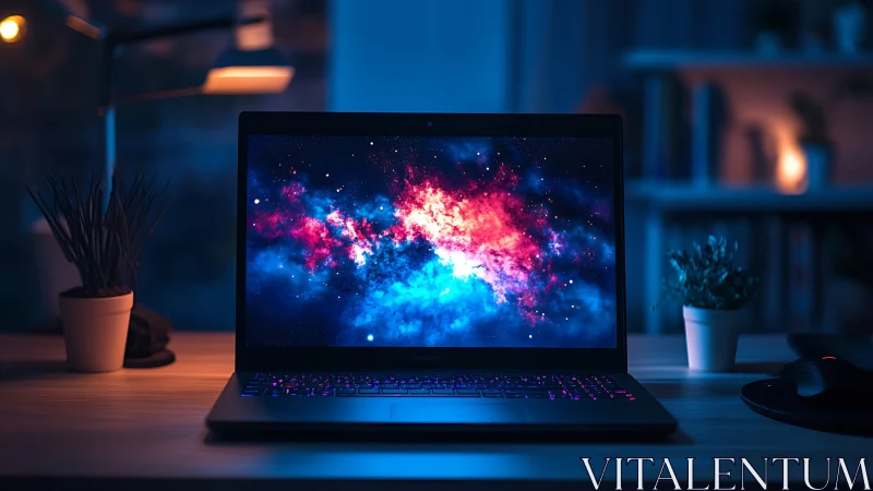 Laptop workspace with vivid cosmic nebula display at night.