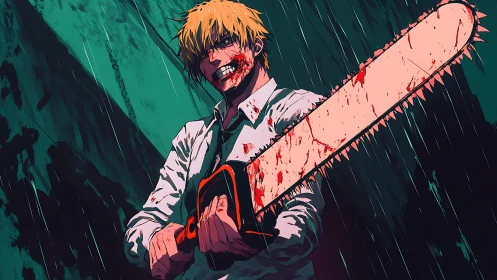 Bloodstained anime character with chainsaw in heavy rain.