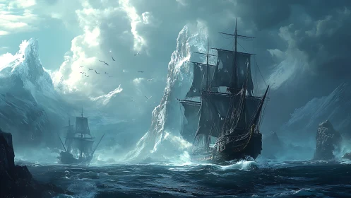 Storm-lashed galleon cuts through icy archipelago seascape.
