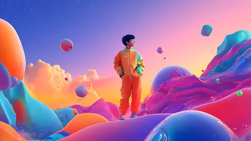 Boy wandering neon dreamscapes among floating pastel planets.