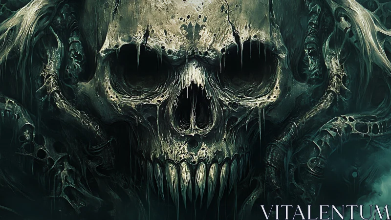 Grotesque biomechanical skull fa&ccedil;ade in dark fantasy rendering.