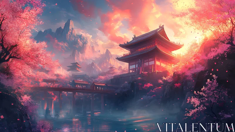 Temple stands over river amid glowing pink cherry blossoms