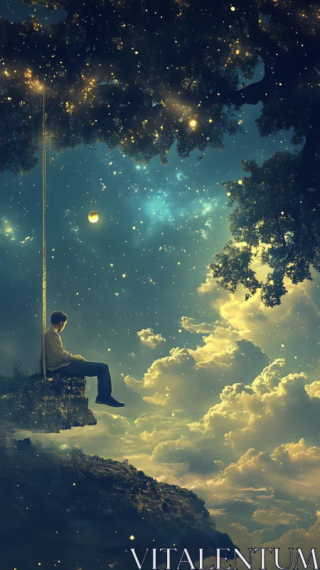Solitary boy on suspended rock swing under luminous night sky