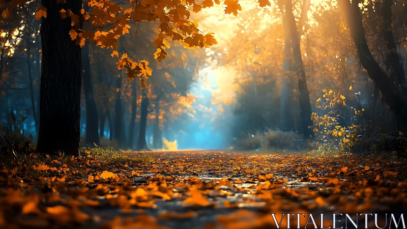 Golden Autumn Forest Path Illuminated by Sunlight.