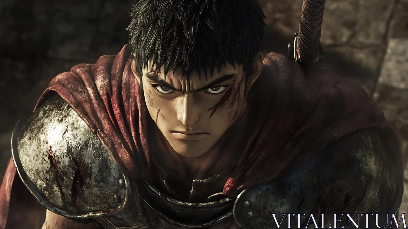 Battle-scarred warrior glares forward in gritty close-up.