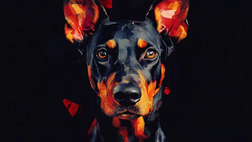 Doberman portrait in prismatic neon shards on black field.