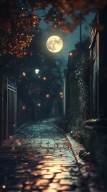 Moonlit cobblestone alley captures autumnal nocturne ambience