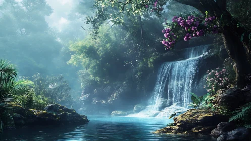 Tropical forest waterfall with mist, rocks, and flowers.