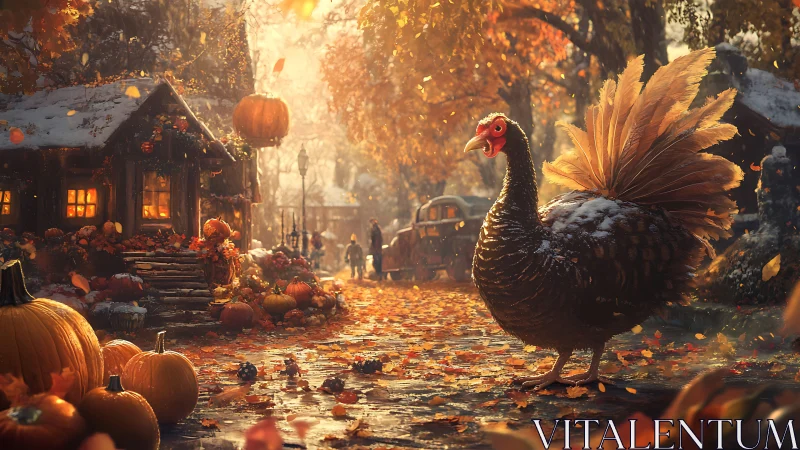 Autumn village street with turkey amid pumpkins at golden hour