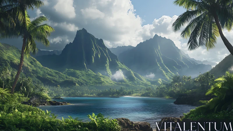 Tropical Paradise Valley with Towering Peaks and Pristine Waters.