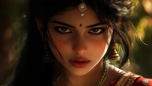 Fierce gaze of a jeweled woman in molten golden twilight.