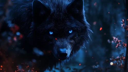 Midnight ember wolf with spellbright electric eyes stalks.