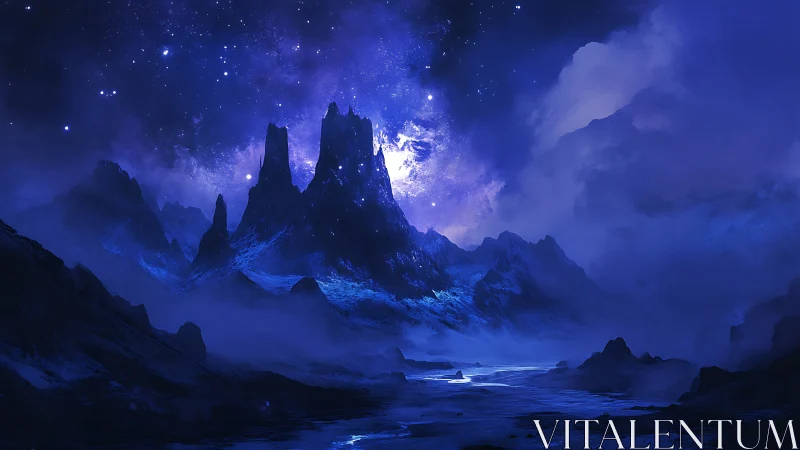 Starlit alien peaks under luminous indigo nebula sky.