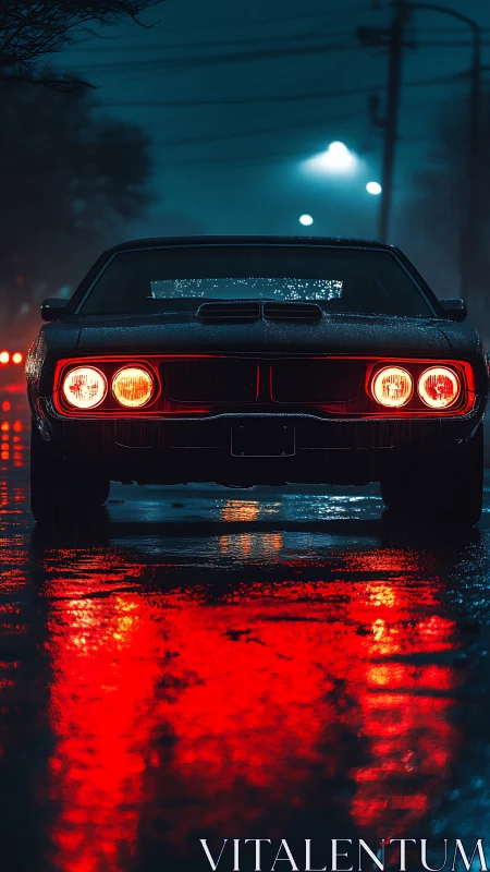 Muscle car silhouette under neon rain on reflective asphalt.
