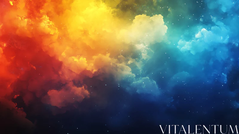 Radiant nebula clouds blend from fiery red to deep blue.