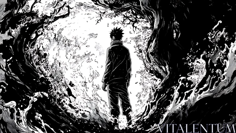 Lone figure walks through swirling monochrome forest portal.