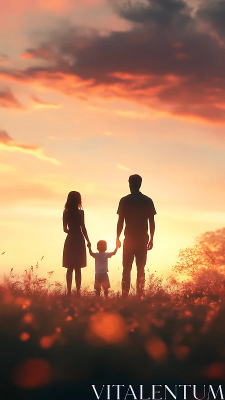 Silhouetted parents and child stand in field at sunset