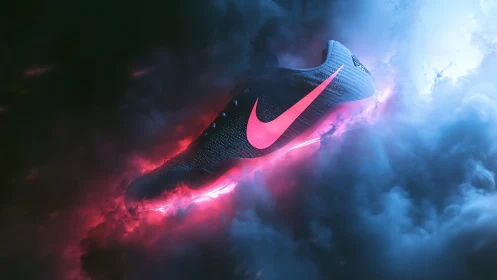 Neon-lit athletic shoe glides through bi-chromatic vapor field