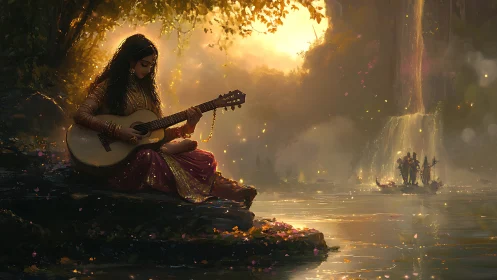 Luminous riverine tableau with guitarist in golden backlight.